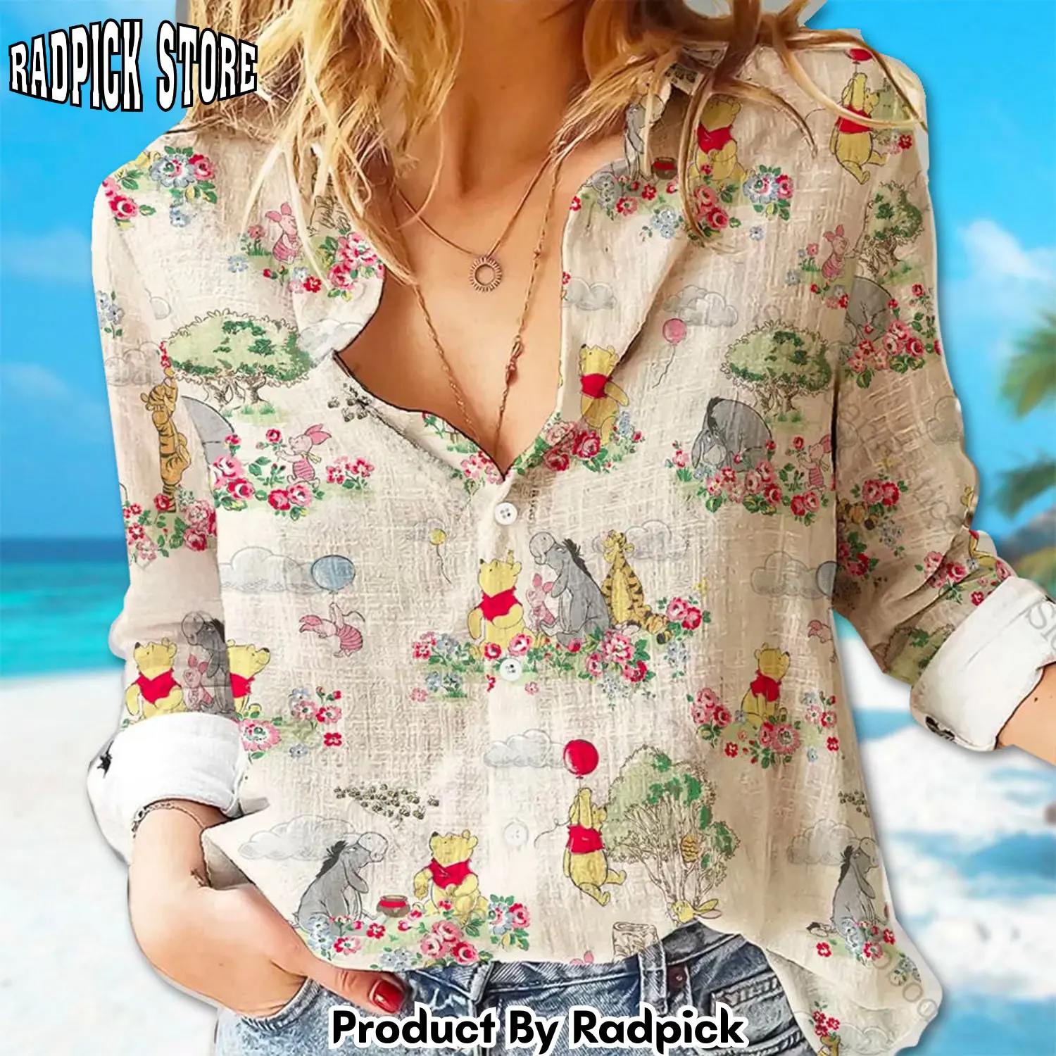 Radpick winnie the pooh women casual shirt tigger piglet eeyore linen shirt animated cartoon button down tshirt magic kingdom party g rp6624